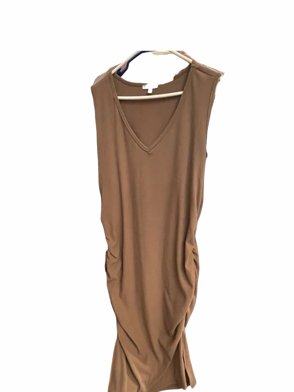 V-Neck Sleeveless Ruched Casual Dress in Tan